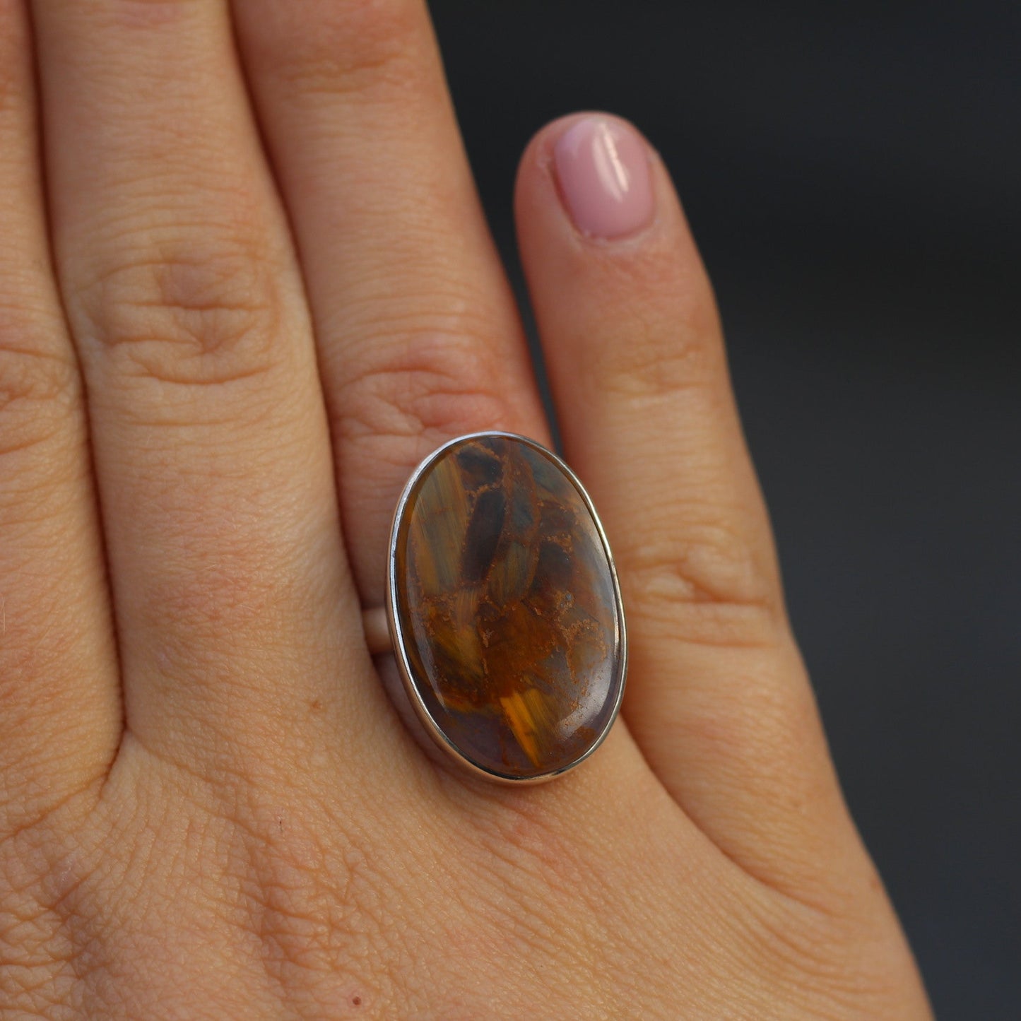 Sterling Silver Oval Pietersite Ring - 18 mm