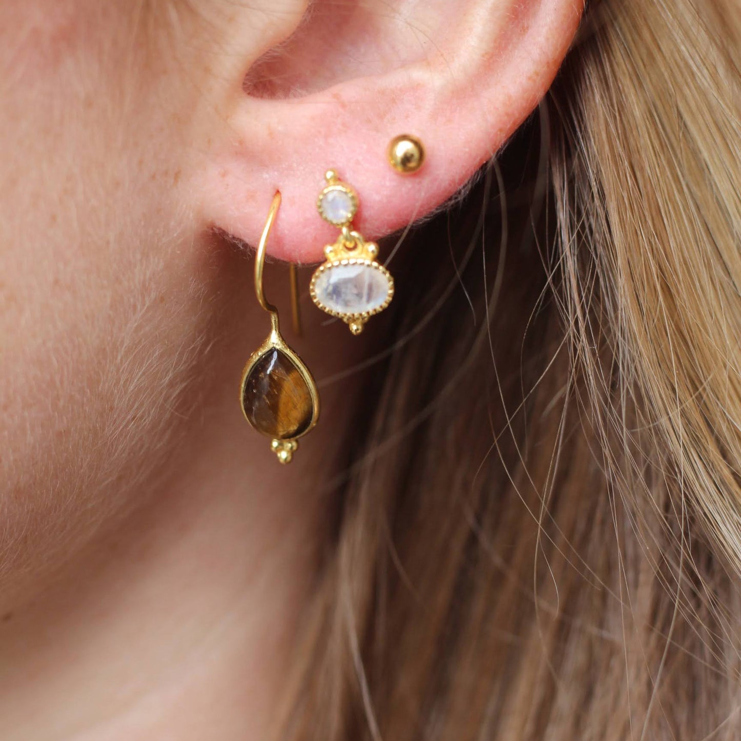 14k Gold Vermeil Rain Drop Tiger Eye Earrings