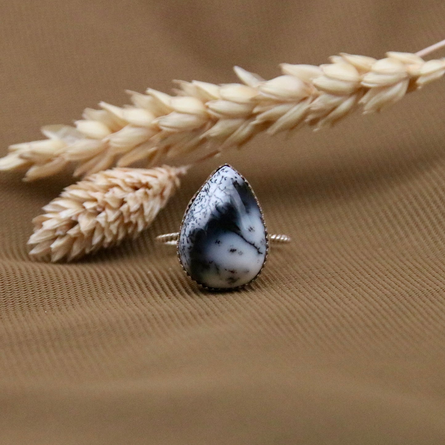 Sterling Silver Teardrop Dendrite Opal Ring 18 mm - - Limited Edition