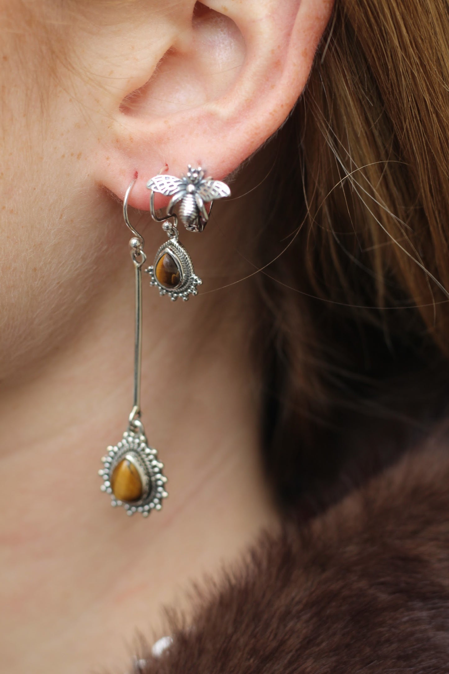 Sterling Silver Small Boho Tiger Eye Earrings