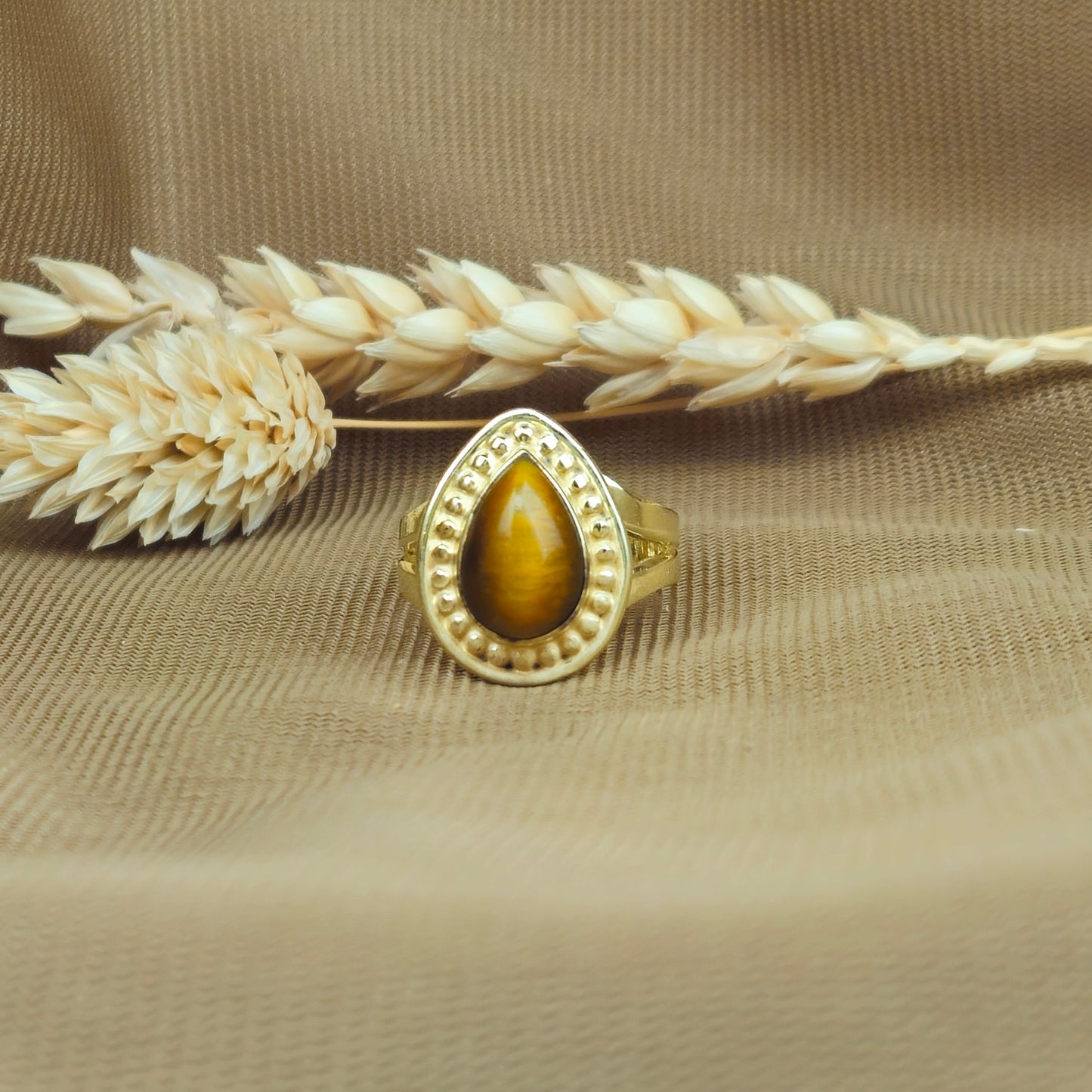 14K Gold Vermeil Teardrop Stud Ring - Tiger Eye