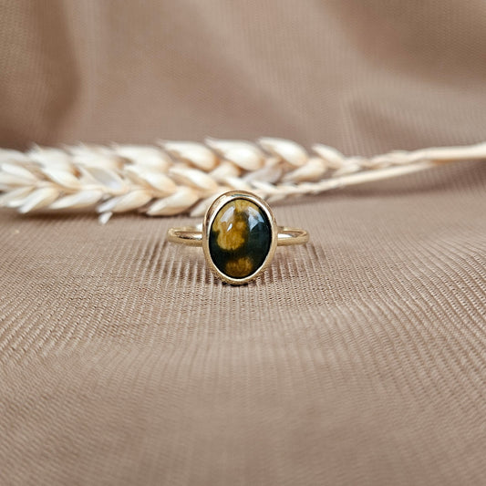 14K Gold Vermeil Oval Ocean Jasper Ring - One of a Kind - 18 mm