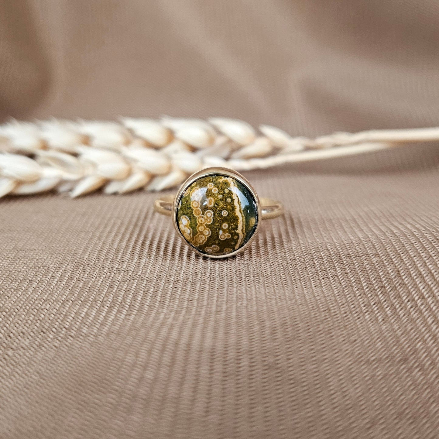 14K Gold Vermeil Round Spotted Ocean Jasper Ring - One of a Kind - 18 mm