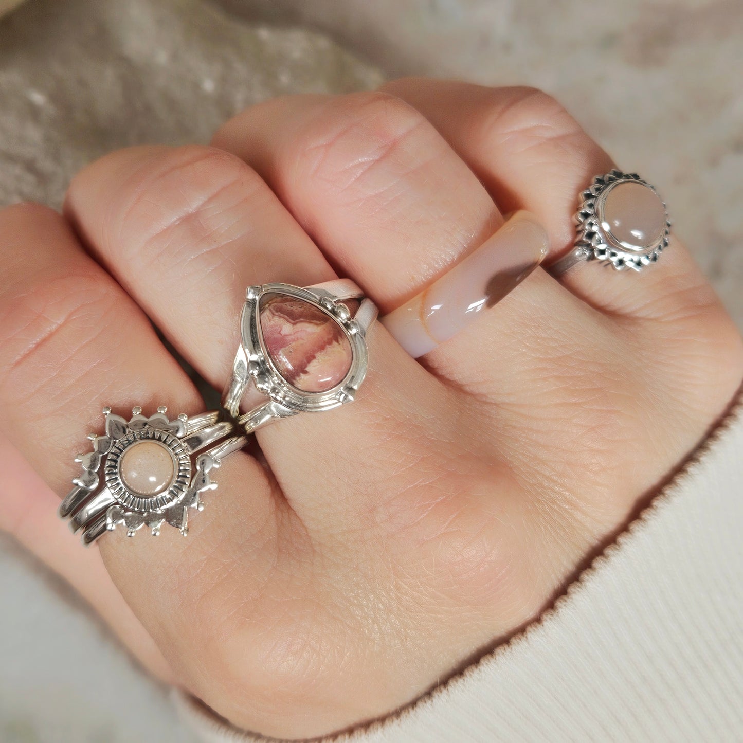 Sterling Silver Bohemian Sugar Ring - Rhodochrosite