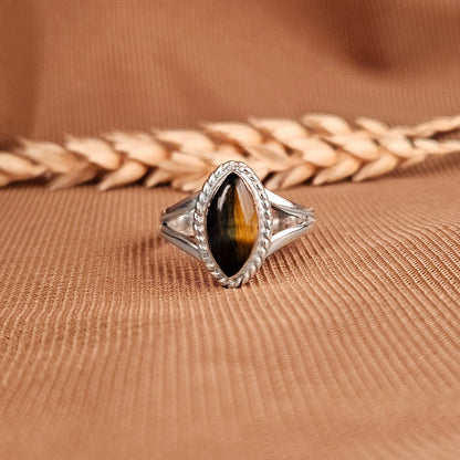 Sterling Silver Marquise Twist Ring - Tiger Eye