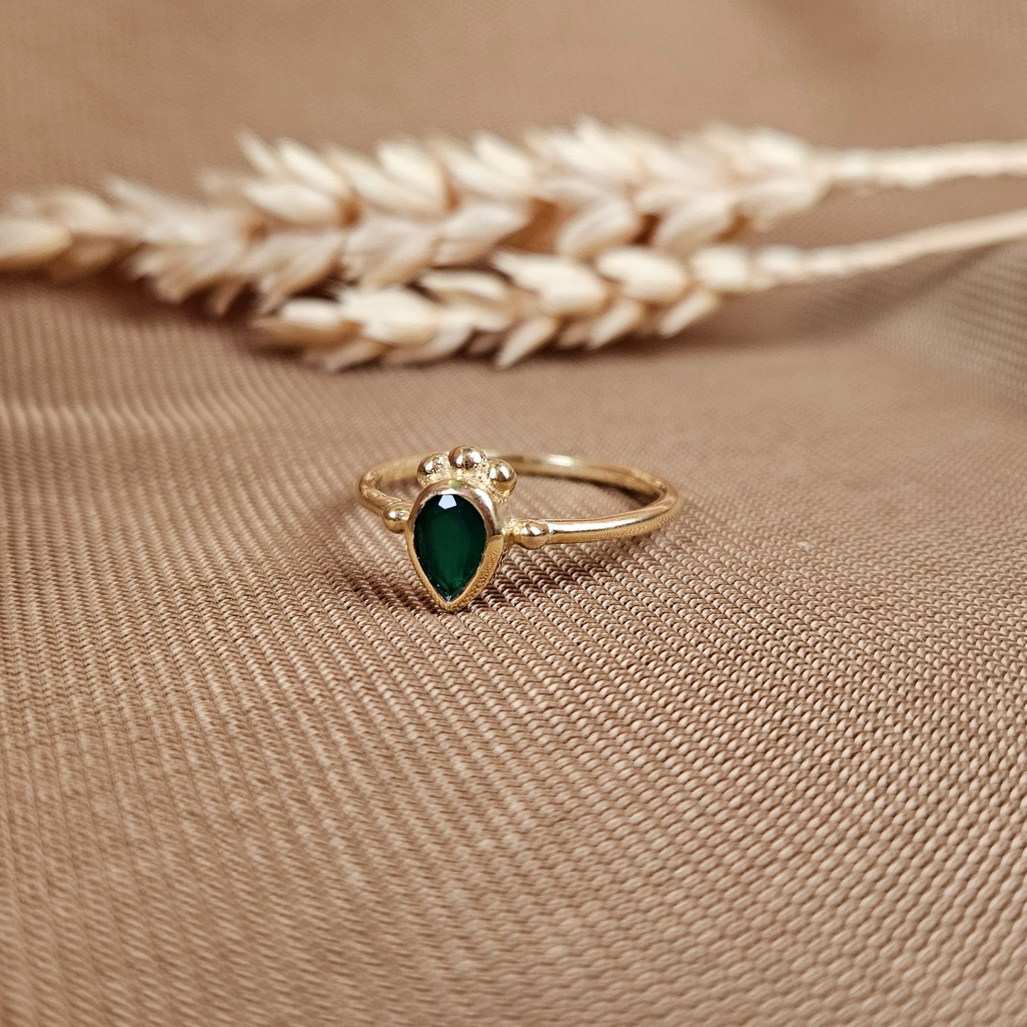 14k Gold Vermeil Tribal Pear Ring Green Onyx