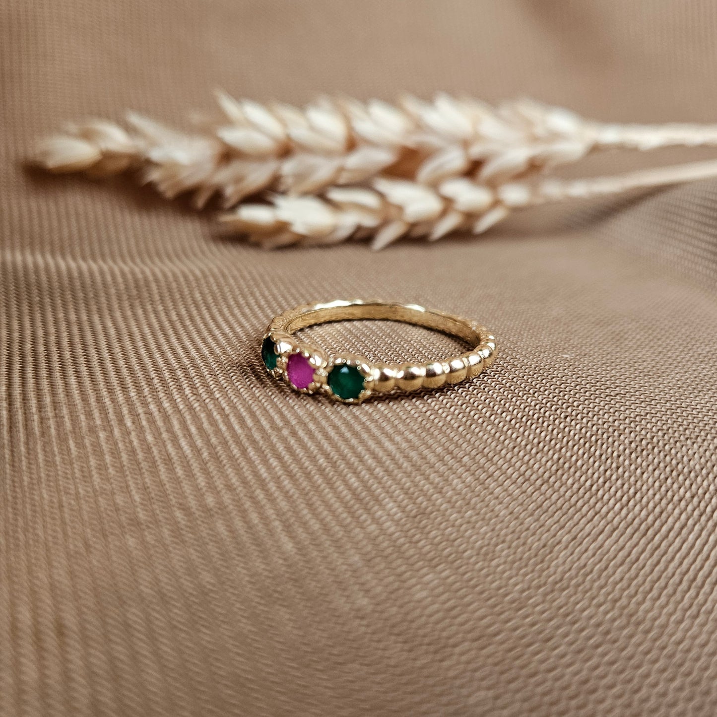 14K Gold Vermeil Amora Charm Ring Synthetic Ruby, and Emerald