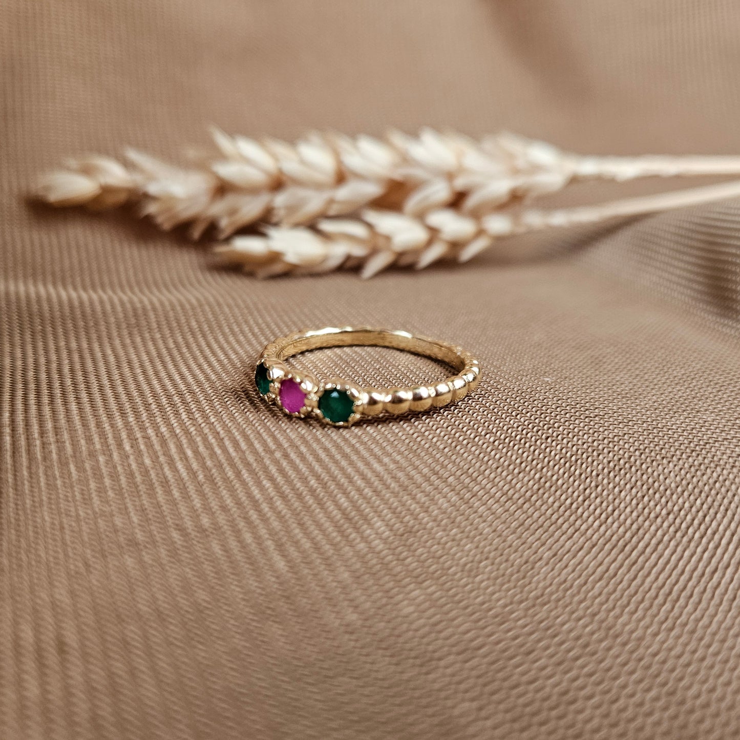 14K Gold Vermeil Amora Charm Ring Synthetic Ruby, and Emerald