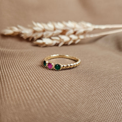 14K Gold Vermeil Amora Charm Ring Synthetic Ruby, and Emerald