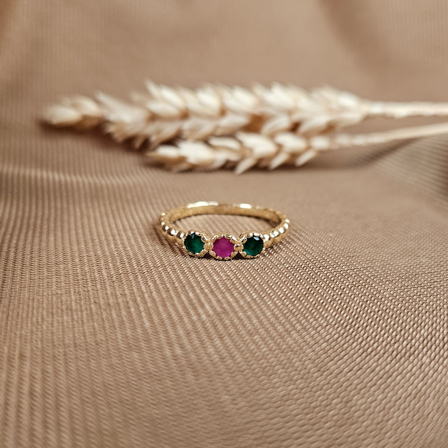 14K Gold Vermeil Amora Charm Ring Synthetic Ruby, and Emerald