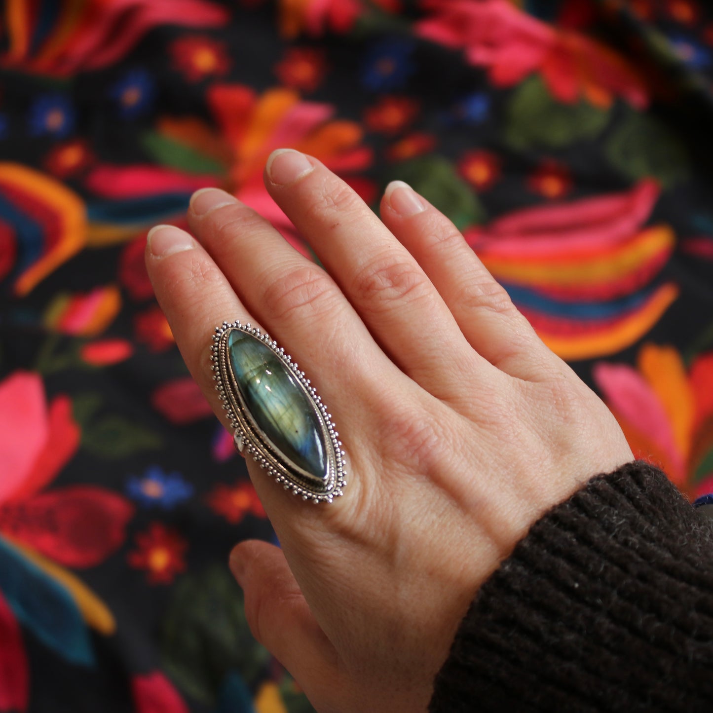 Sterling Silver Big Bohemian Labradorite Ring - 17 mm