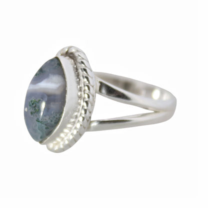 Sterling Silver Marquise Twist Ring - Moss Agate