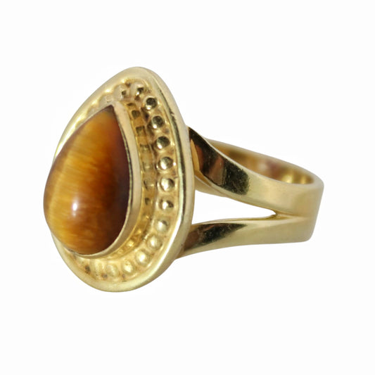 14K Gold Vermeil Teardrop Stud Ring - Tiger Eye