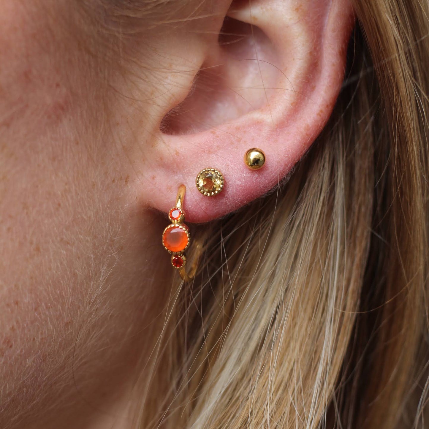 14k Gold Vermeil Triple Round Carnelian Earrings