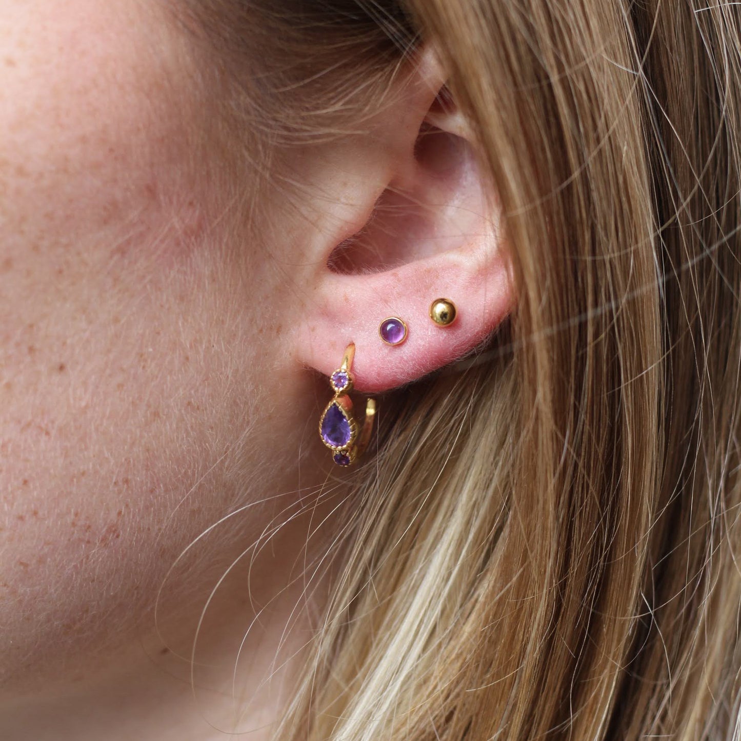 14k Gold Vermeil Triple Round Amethyst Earrings