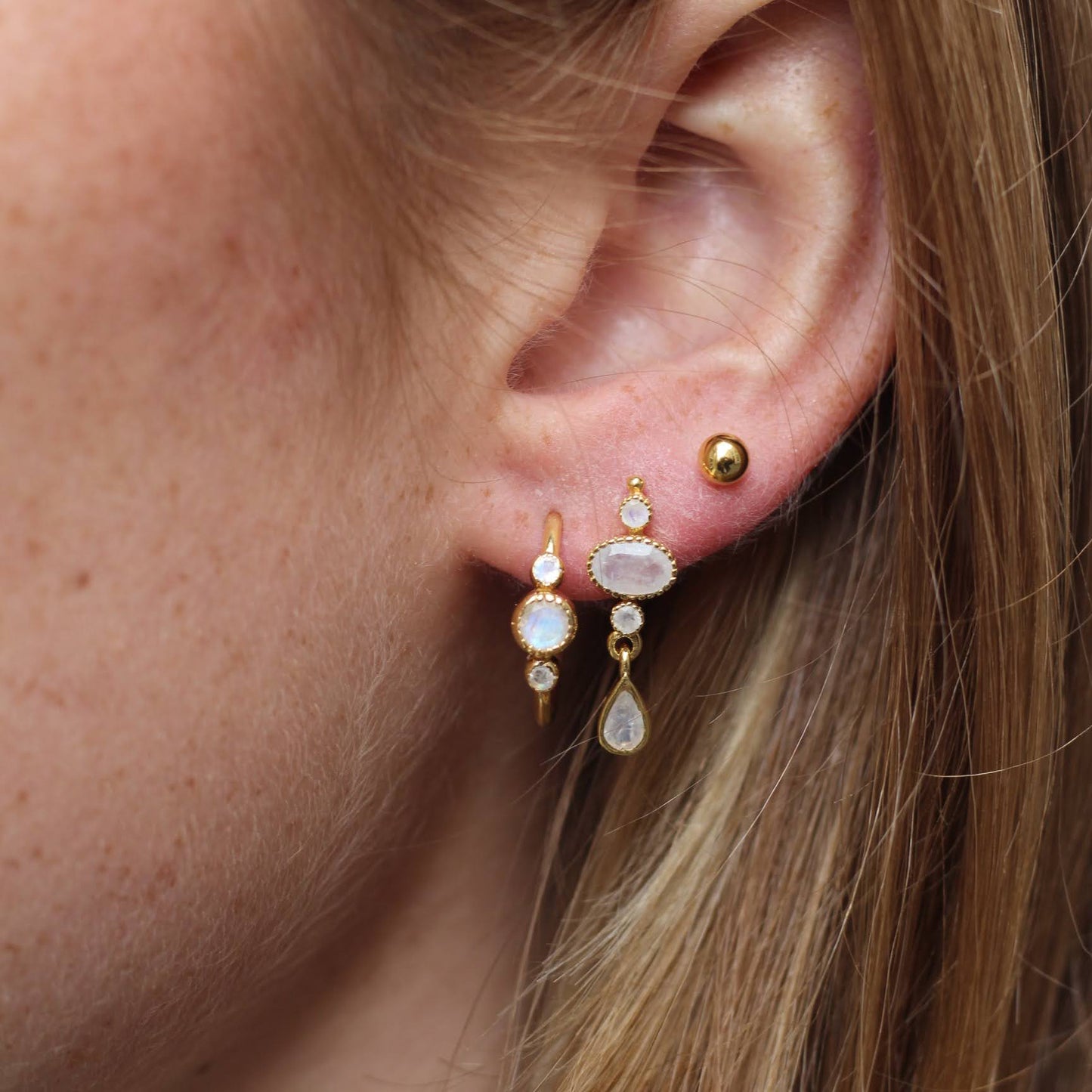14k Gold Vermeil Triple Round Moonstone Earrings