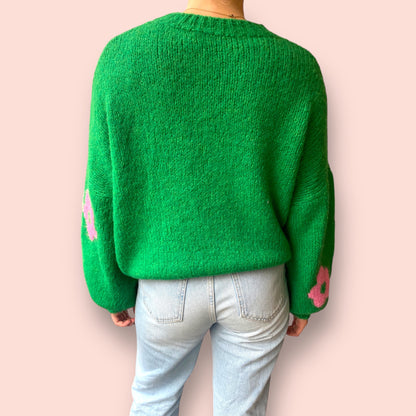 Oversized 70s Flower Pullover - Green/Pink