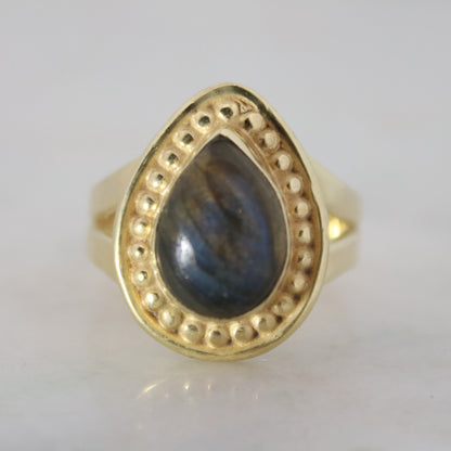 14K Gold Vermeil Teardrop Stud Ring - Labradorite
