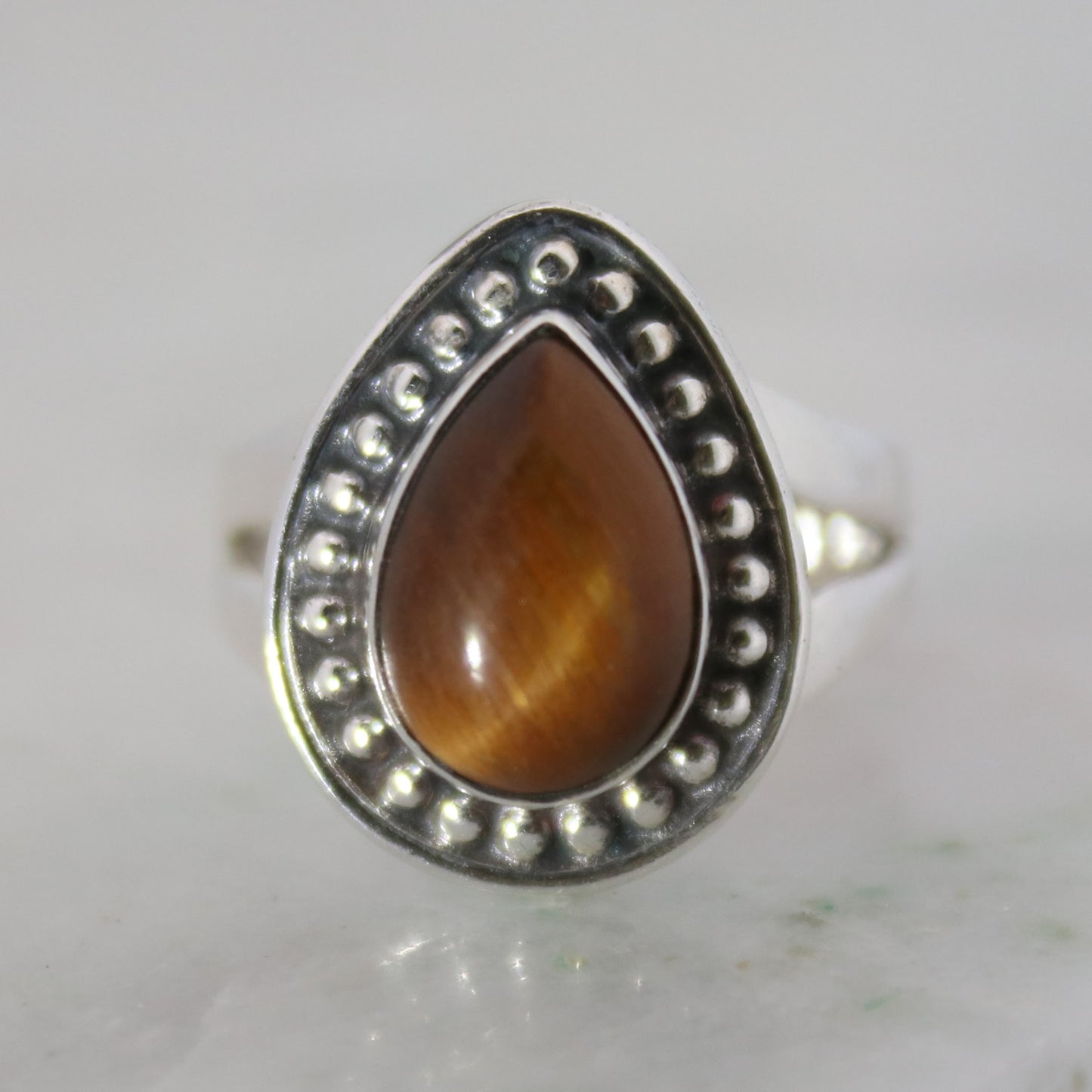 Sterling Silver Teardrop Stud Ring - Tiger Eye