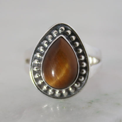 Sterling Silver Teardrop Stud Ring - Tiger Eye