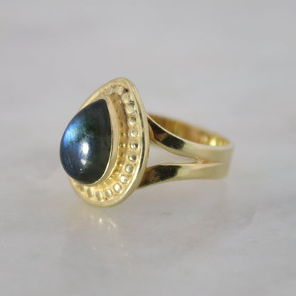 14K Gold Vermeil Teardrop Stud Ring - Labradorite