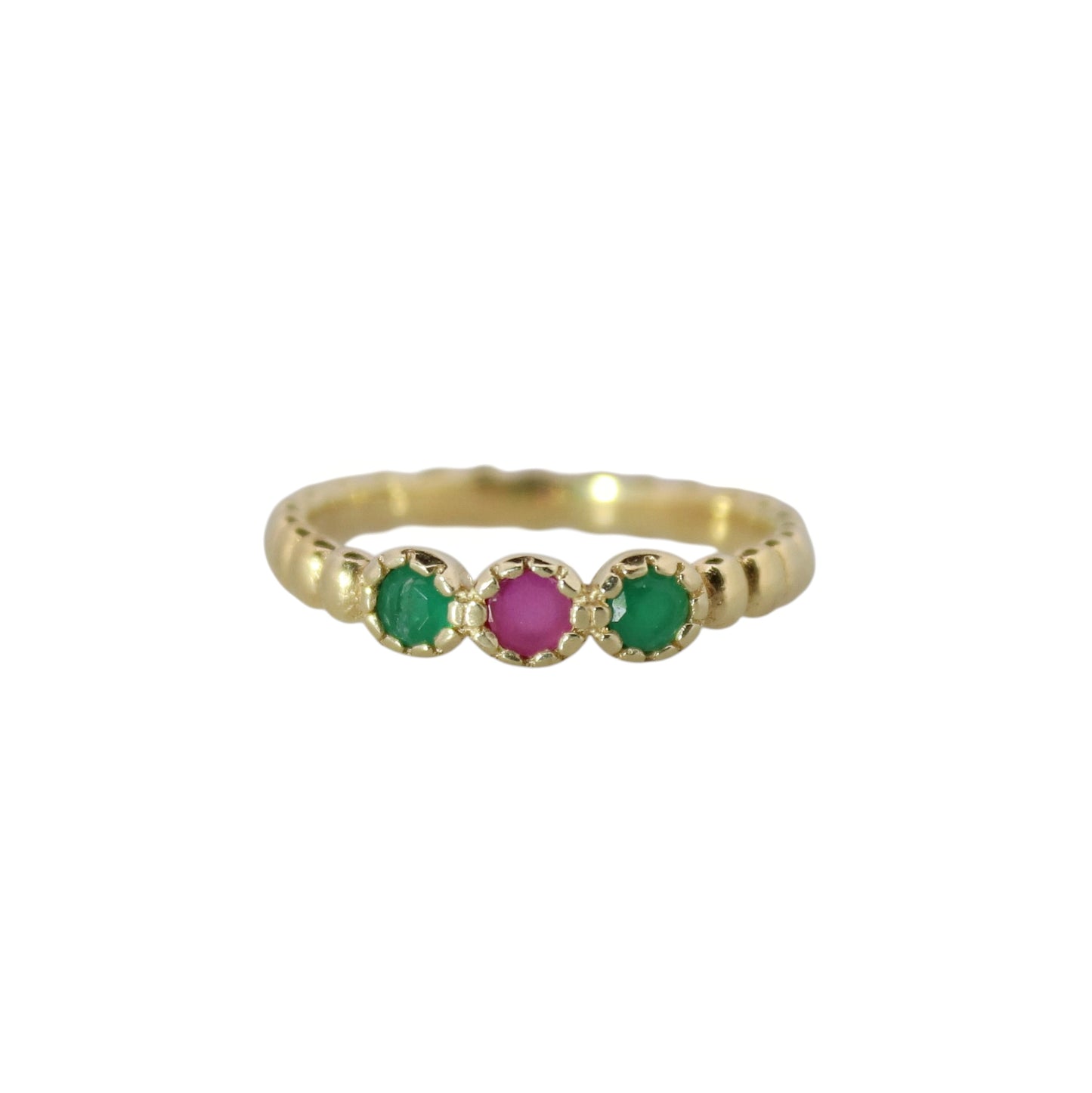 14K Gold Vermeil Amora Charm Ring Synthetic Ruby, and Emerald