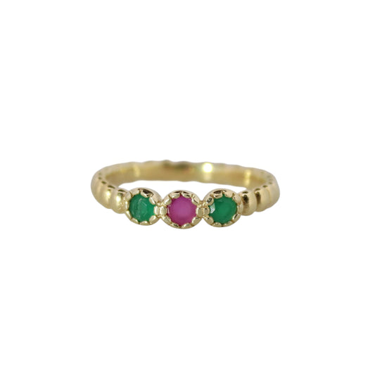 14K Gold Vermeil Amora Charm Ring Synthetic Ruby, and Emerald