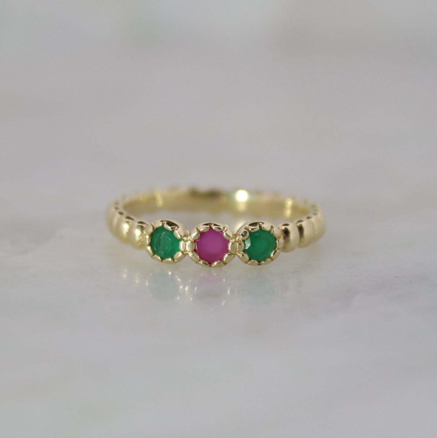 14K Gold Vermeil Amora Charm Ring Synthetic Ruby, and Emerald
