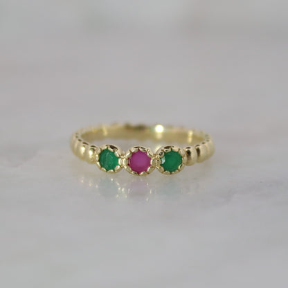 14K Gold Vermeil Amora Charm Ring Synthetic Ruby, and Emerald