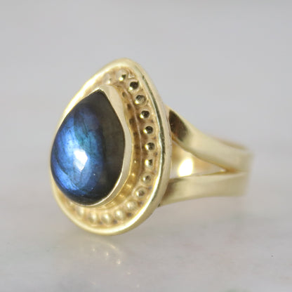 14K Gold Vermeil Teardrop Stud Ring - Labradorite