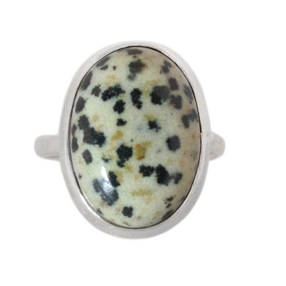 Sterling Silver Big Oval Dalmatian Jasper Ring - 18 mm