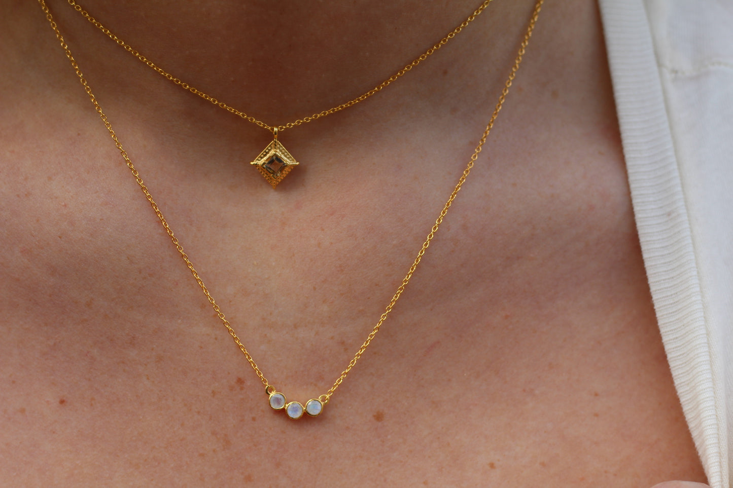 14k Gold Vermeil Triple Stones Moonstone Necklace