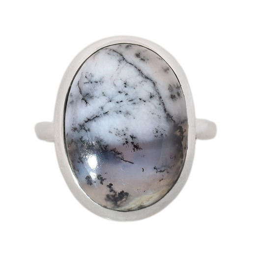 Sterling Silver Big Oval Dendrite Opal Ring - 18 mm