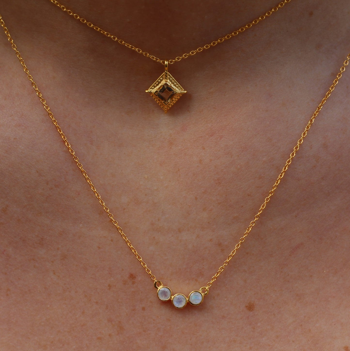 14k Gold Vermeil Triple Stones Moonstone Necklace