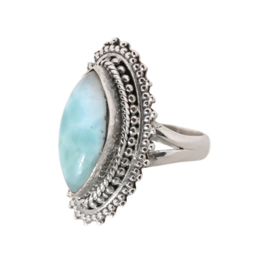 Sterling Silver Bohemian Marquise Larimar Ring - 17 mm