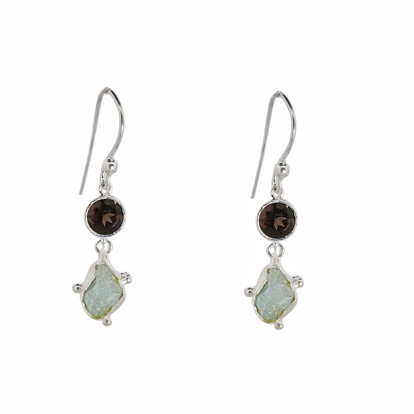 Sterling Silver Raw Earrings Smokey Quarts & Aquamarine