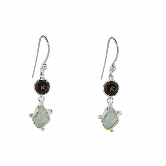 Sterling Silver Raw Earrings Smokey Quarts & Aquamarine