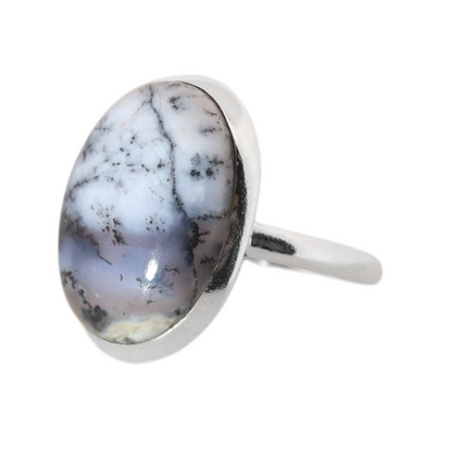 Sterling Silver Big Oval Dendrite Opal Ring - 18 mm