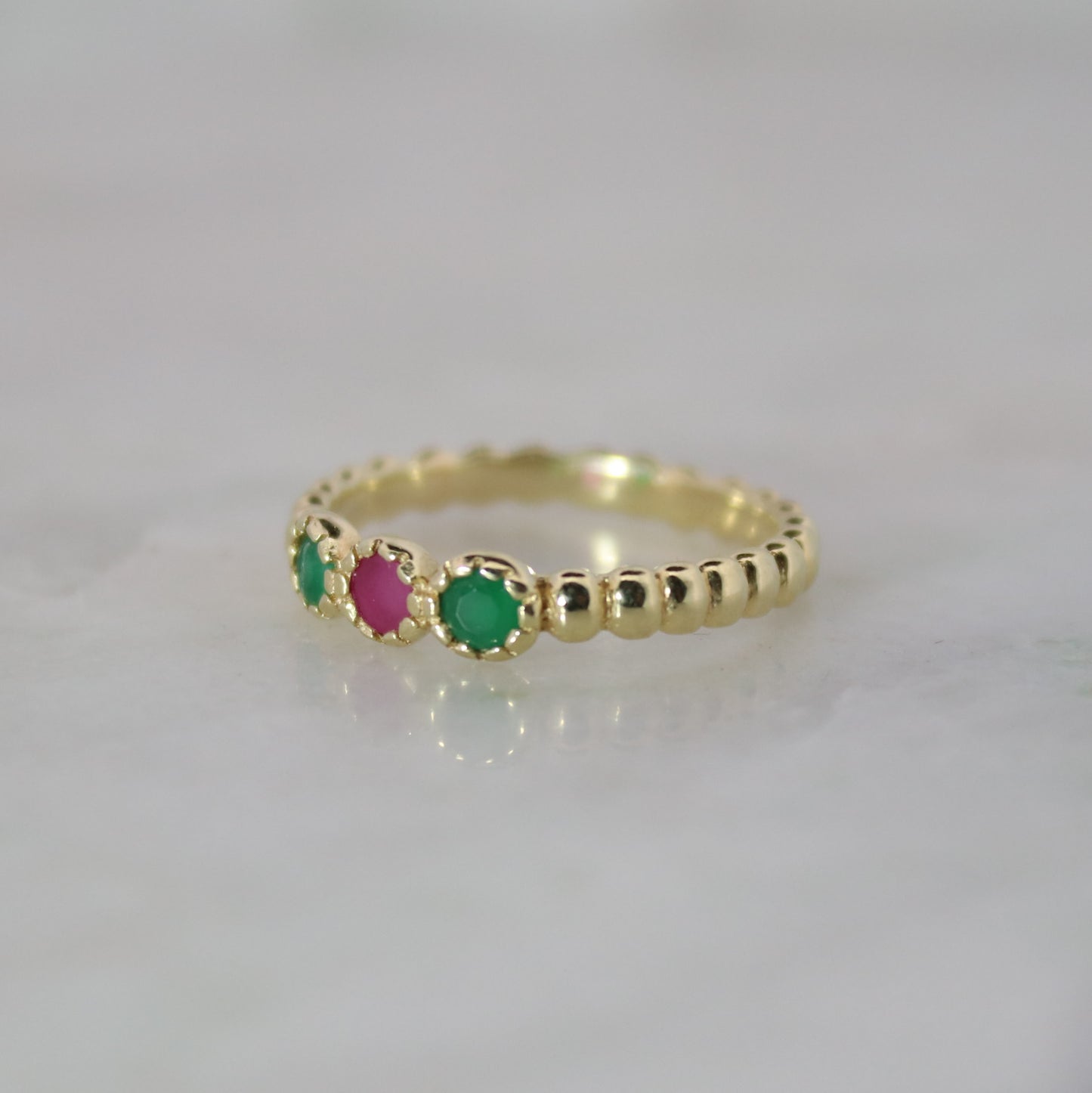 14K Gold Vermeil Amora Charm Ring Synthetic Ruby, and Emerald