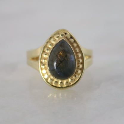 14K Gold Vermeil Teardrop Stud Ring - Labradorite