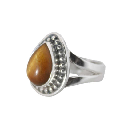 Sterling Silver Teardrop Stud Ring - Tiger Eye